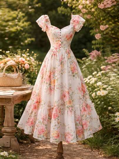 SHEIN Franclia 2026新款粉色碎花连衣裙，短袖方领伞裙，收腰设计，百搭沙滩度假休闲通勤女装