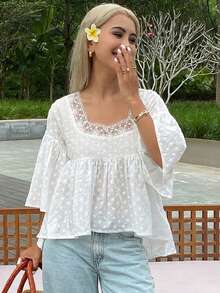 Livesso Áo kiểu babydoll dáng rộng, màu trơn, tay loe, thích hợp cho kỳ nghỉ hè của phụ nữ. - trắng - Xem 6