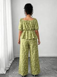 Elenzga Conjunto informal de mujer talla grande con blusa de cuello plisado con estampado floral y pantalones de pierna ancha - Verde militar - Ver 2
