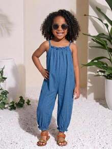 SHEIN Bộ áo liền quần không tay họa tiết jacquard thời trang thường ngày cho bé gái mùa hè, màu xanh chàm, dáng rộng thoải mái, thích hợp cho kỳ nghỉ biển. - Màu xanh lam - Xem 4