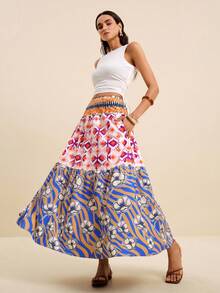 LOTSLUV Women's Blue And Pink Floral Print A-Line Skirt Suitable For Spring Summer Holiday Midi Elegant Boho Pockets Beach Picnic Festival Skirt - Multicolor - View 3