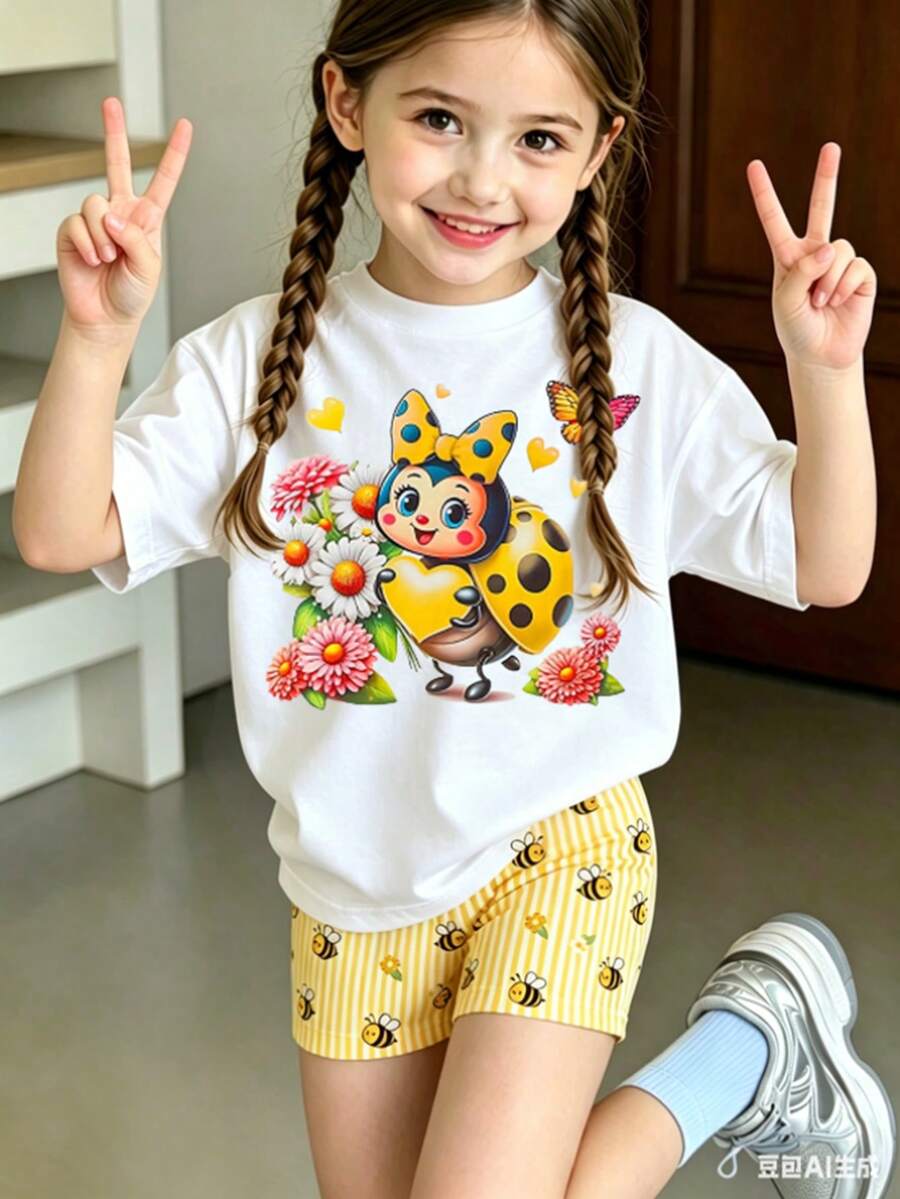 Bộ áo thun và quần short kẻ sọc in hình ong hoạt hình dành cho bé gái. - Nhiều màu - Xem 1