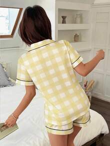Napfluff Conjunto de pijama con estampado de cuadros en el cuello - Amarillo - Ver 2