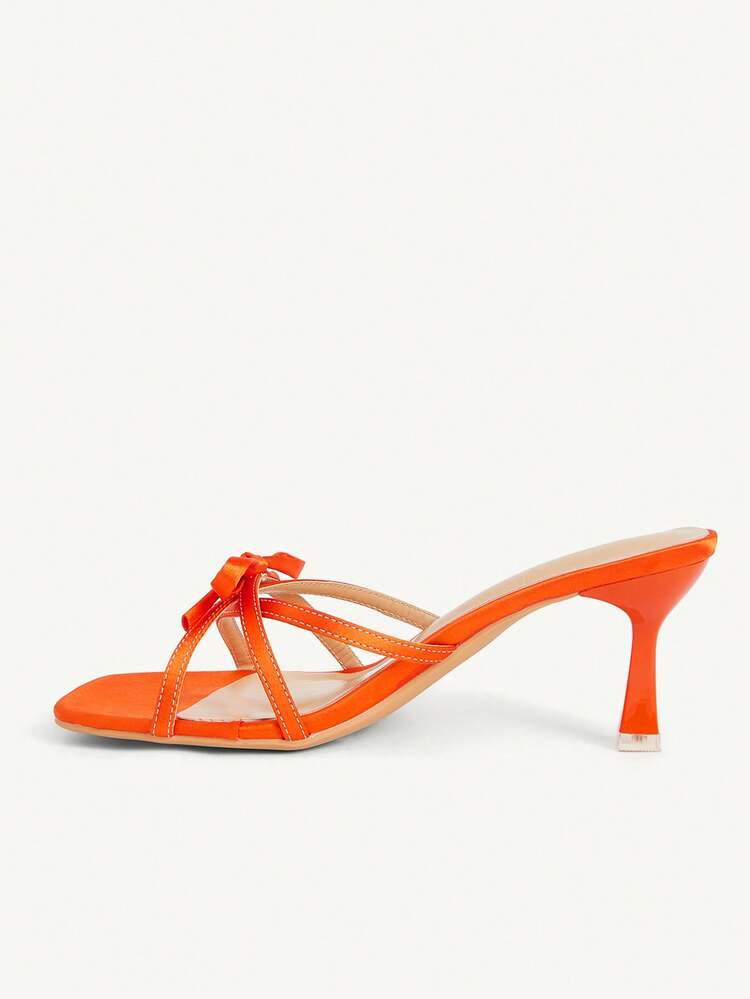 CUCCOO CHICEST Orange Satin Bow High Heel Square Toe Thin Strap Thin Heel Outside Temperament Banquet Sandals
