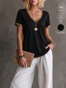 Balvessa Áo thun cotton nữ, mẫu mới xuân/hè, áo thun cổ chữ V tay ngắn dáng rộng thoải mái, đa năng cho mặc hàng ngày và hoạt động ngoài trời. - màu đen - Xem 1