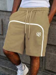 PAVTROS Men's Contrast Trim Drawstring Waist Shorts, Striped Webbing Design - Khaki - View 3