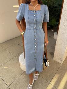 DAZY Women's Square Neck Waist Cinched X-Shaped Short Sleeve Mid-Length Button Down Denim Dress, Spring & Summer Sun Dresses For Women - Blue - View 8