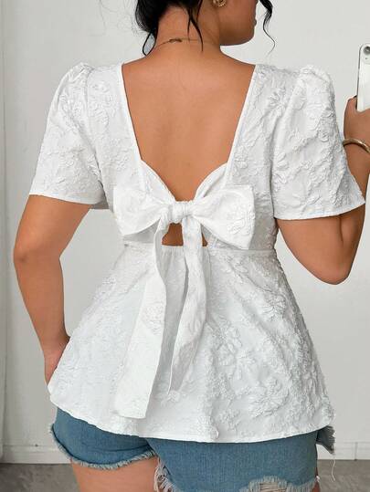 Elenzga Plus Size Fashionable White Backless Tie-Up Puff Sleeve Floral Sweetheart Collar Blouse, Elegant Charm Fitted Slim Shirt, Plus Size Women's Spring/Summer Fashion Textured Fabric White Top, European Summer Romantic Vacation Style, Hawaiian Vibe Date Night, Suitable For Valentine's Day, Party, Date Night, Back To School, Holiday Vacation
