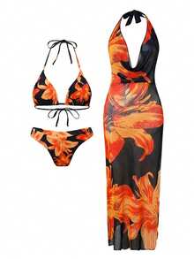 Swim Oasis 3件組：細肩帶印花比基尼上衣、V型剪裁印花泳褲、印花雪紡罩衫 - 彩色 - 查看 1
