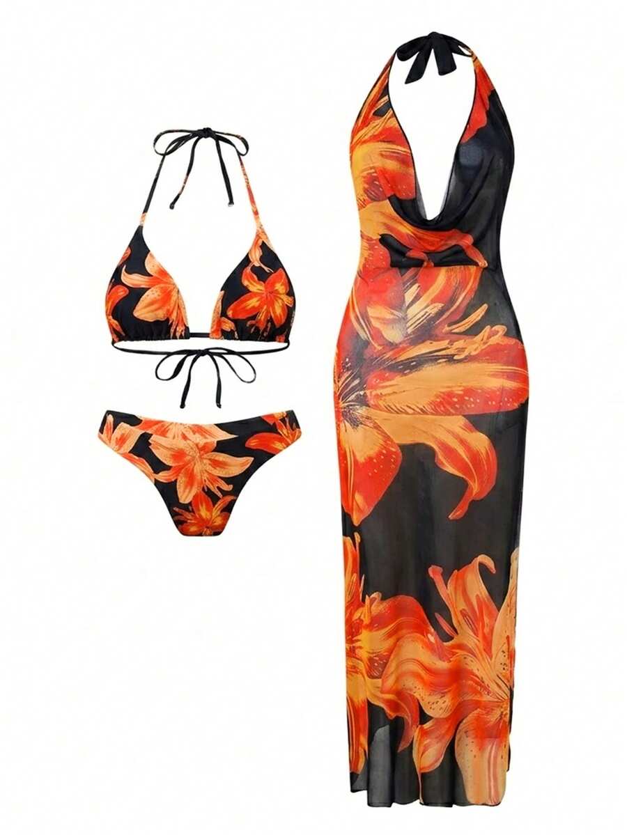 Swim Oasis 3件組:細肩帶印花比基尼上衣、V型剪裁印花泳褲、印花雪紡罩衫 - 彩色 - 查看 1