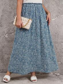 Reflora Plus Size Summer Pink Densely Printed Flared Comfortable Skirt - Blue - View 6