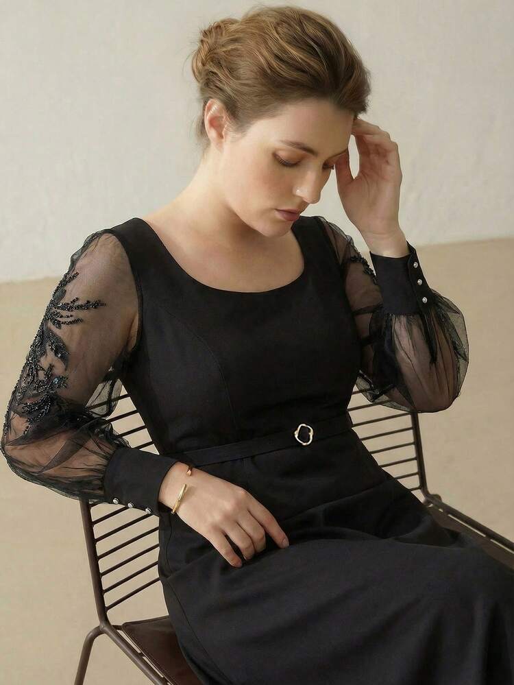 PLUS SIZE WOMEN EMBROIDERED LONG SLEEVE PARTY COCKTAIL DRESS, SPRING/SUMMER