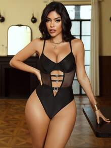 Seduluxe 1pc Women Solid Color Mesh Patchwork Sexy Sleeveless Bodysuit - Black - View 6