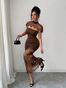 SHEIN Elenzya Women's Contrast Lace Stand Collar Fitted Elegant Dress - Brown - View 6