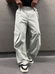 Major Grit 男士休闲纯色翻盖口袋宽松街头风长裤 - 米色 - 查看 7