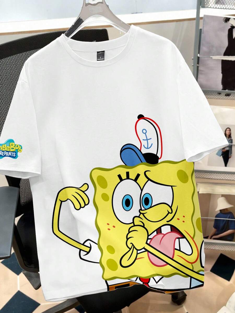 SpongeBob SquarePants | SHEIN Manfinity Joysei 男士卡通印花圆领短袖休闲百搭T恤 - 白色 - 查看 1