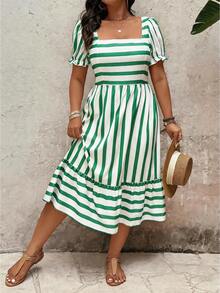 SHEIN Clasi Elegant Pattern Plus Size Women Spring & Summer Long Dress - Green - View 3