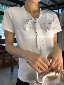 DAZY Women's Summer Polka Dot Ribbon Collar Patchwork Short Sleeve Fitted Letter Print Casual Urban Tee - White - View 5