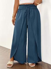 SHEIN Frenchy Plus Size Women Solid Color Split Design Casual Versatile Daily Wear Pants Fall - Navy Blue - View 4