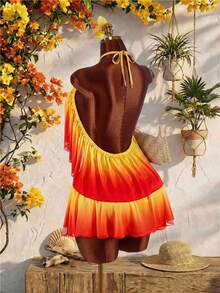 Amplova Setelan 2 Potong Gaya Boho Musim Panas Oranye dan Kuning untuk Liburan Pantai Tropis bagi Wanita, Rok Mini Camisole Pendek dengan Hem Bergelombang, Pakaian Bodycon untuk Festival, Pesta - Coklat - View 3
