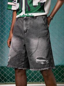 EVRINFINITE Knee Length Denim Shorts, Summer Pants, Cotton Ripped Jeans, Casual Streetwear Denim Shorts, Breathable Versatile Commuter Shorts For Summer  Jorts Men - Grey - View 4