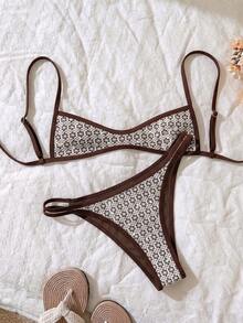 Elavelle Women's Jacquard Fabric Spaghetti Strap Bikini Set, Spring/Summer - Multicolor - View 3