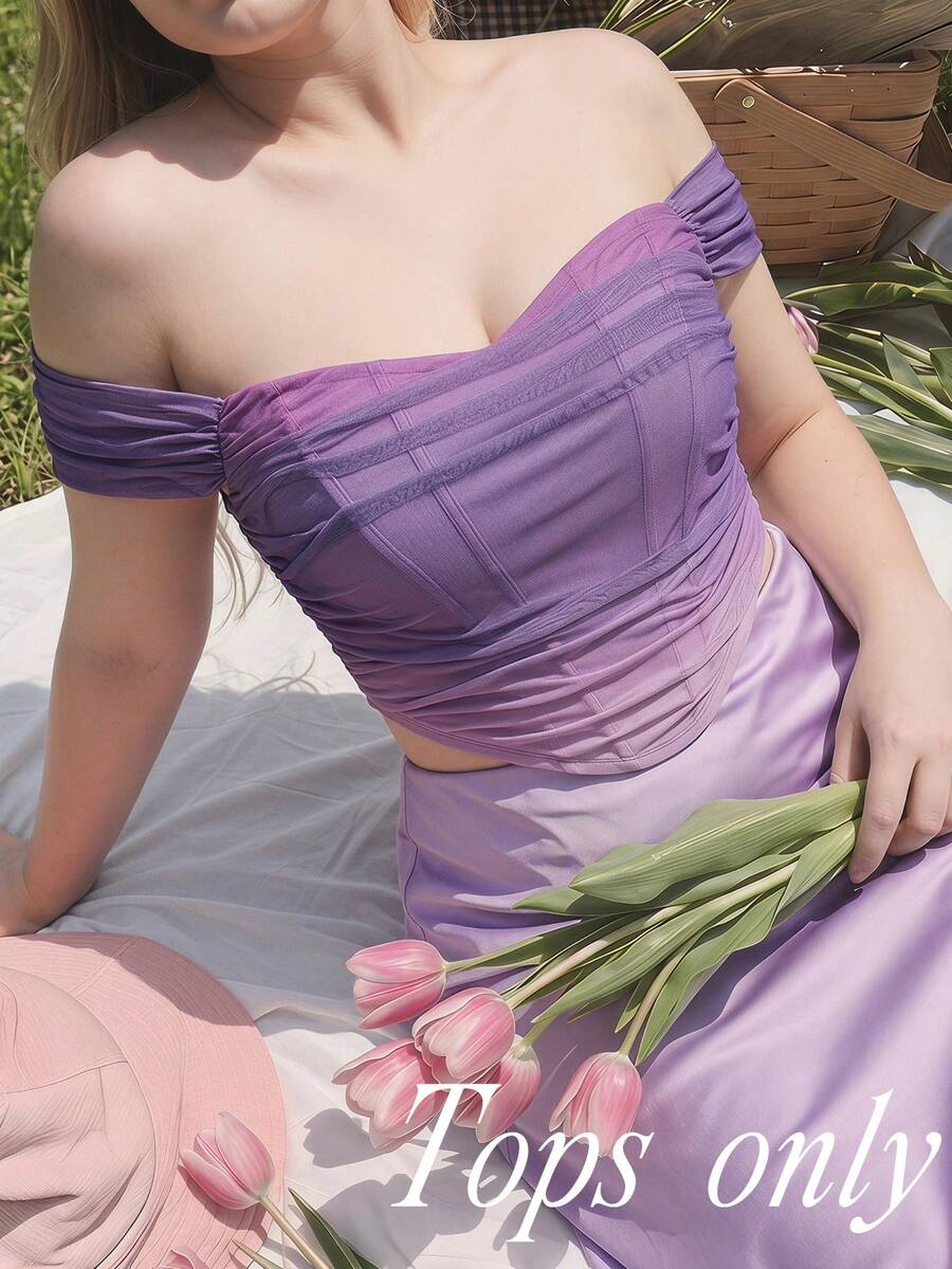 SHEIN MOD 大尺碼女款露肩魚骨紫色上衣,夏季優雅野餐風結構短版上衣,抽褶腰部網紗設計,適合生日慶典 - 紫色 - 查看 1