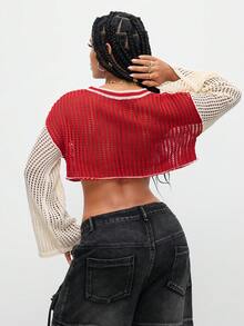 Gowayae Gowayae Women Tops AutumnY2K Street Wear Y2k Streetwear Y2k Basic Sporty American Contrast Mesh V-Neck Hollow Out Cropped Long Sleeve Knit Sweatercover Up - Red - View 3