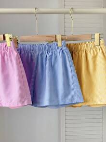SHEIN Teen Girl Striped Elastic Waist Casual Versatile Daily Wear Shorts - Multicolor - View 3
