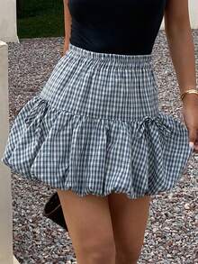 DAZY Plaid Ruffle Mini Skirt, Elastic Waist Fitted Casual Cute Back-To-School Skirt For Girls, Summer Vacation Blue And White - Blue - View 4
