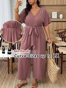 SHEIN CURVE+ Women V-Neck Full Printed Jumpsuit,Casual - Redwood - View 5