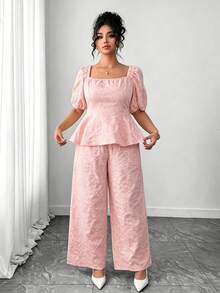 Elenzga Plus Size Women's Elegant French Romantic Floral Jacquard Square Collar Puff Sleeve Peplum Top & Wide Leg Pants 2-Piece Set, Spring/Summer - Pink - View 1