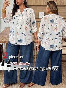 SHEIN CURVE+ Bộ đồ 2 mảnh phong cách nghỉ dưỡng tối giản, thoải mái gồm áo hoa nhí màu xanh dương phối cùng quần giả denim in họa tiết xanh dương, cỡ lớn dành cho nữ, thích hợp cho kỳ nghỉ hè và đầu thu. - Nhiều màu - Xem 1