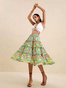LOTSLUV Women's Emerald Green Floral And Patchwork Ruffle Hem Chiffon Print A-Line Skirt, Summer Holiday, Midi Skirts, Vacation, Festival Skirt Beach Boho - Multicolor - View 5