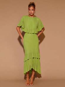 COSMINA Women's Elegant Ruffle Hem Long Sleeve Round Neck Dress, Suitable For Dates, Parties, All Seasons,Dresses For Women Summer - Green - View 4