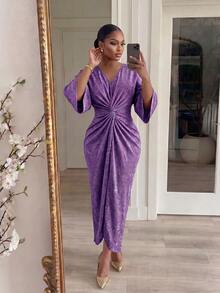 SHEIN Lady CURVE Plus Size Elegant Party Glitter Twist Waist Purple Dress Spring Summer Dress Party Dress Wedding Guest Dress For Women Birthday Dress  Elegant Dresses For Women Vacation Sparkly Dress Spring/Summer Dress  Party Dress  Wedding Guest Dress For Women  Birthday Dress  Elegant Dresses For Women Sparkly Dress Twist Front Dress Purple Elegant Dress Women - Purple - View 4