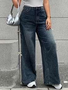 Dazy Plus Jeans de pierna ancha y suelta con parches de color contrastante y decoración de lazo de cinta, adecuados para todas las estaciones - Azul lavado medio - Ver 3