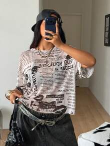 Coolane 女士加大码夏季音乐节派对外出复古Y2K透气网眼印花报纸图案弹力舒适粉色圆领短袖短T恤 - 粉色 - 查看 4