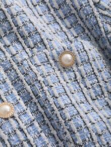 DAZY Plaid Pattern Short Round Neckline Open Front Long Sleeves Jacket - Blue - View 7