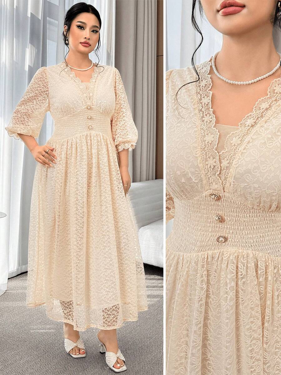 Modelyn Đầm dự tiệc cỡ lớn dành cho nữ, kiểu dáng thanh lịch, xếp ly, phối ren, đính cúc, thắt eo.