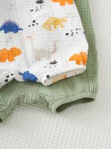 Cozy Pixies 2pcs Newborn Baby Boy Summer Cute Crepe Cartoon Dinosaur & Solid Color Romper Set - Green - View 5