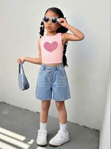 Young Girl Asymmetrical Waist Blue Denim Shorts,Spring And Summer Casual Vacation Country Boho Wear, Beach, Comfortable And Soft Denim Middle Pants,Denim Shorts - Light Wash - View 4