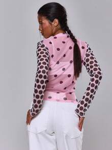 MUSERA Kontrast-Farbiges Multi-Polka-Punkt-Muster Figurbetontes Mesh Langarm Rundhals Top, süß, sexy, Urlaub, Frühling, Sommer, Festival, cooles Mädchen, Vintage - Verschiedenfarbig - Übersicht 4