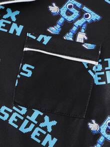 夏季青少年男童时尚“SIX SEVEN”卡通印花睡衣套装，Polo领开衫配白色滚边，短袖上衣+宽松短裤两件套，柔软透气面料，适合男童日常休闲居家穿着，宽松舒适的家居服，适合大龄儿童 - 黑色 - 查看 5