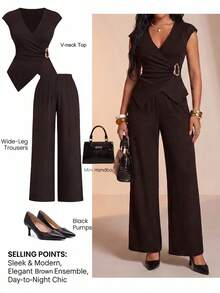 Flirla Plus Size Women's 2 Pieces Set Brown,Autumn,Elegant,Dinner Crossover Collar Metal Buckle Top & Elastic Waist Textured Wide-Leg Pants Vacation Outfit - Coffee Brown - View 1