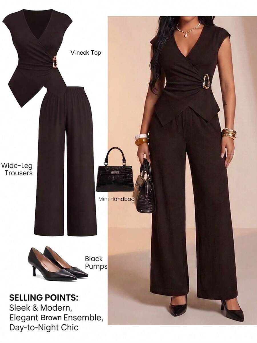 Flirla Plus Size Women's 2 Pieces Set Brown,Autumn,Elegant,Dinner Crossover Collar Metal Buckle Top & Elastic Waist Textured Wide-Leg Pants Vacation Outfit - Coffee Brown - View 1