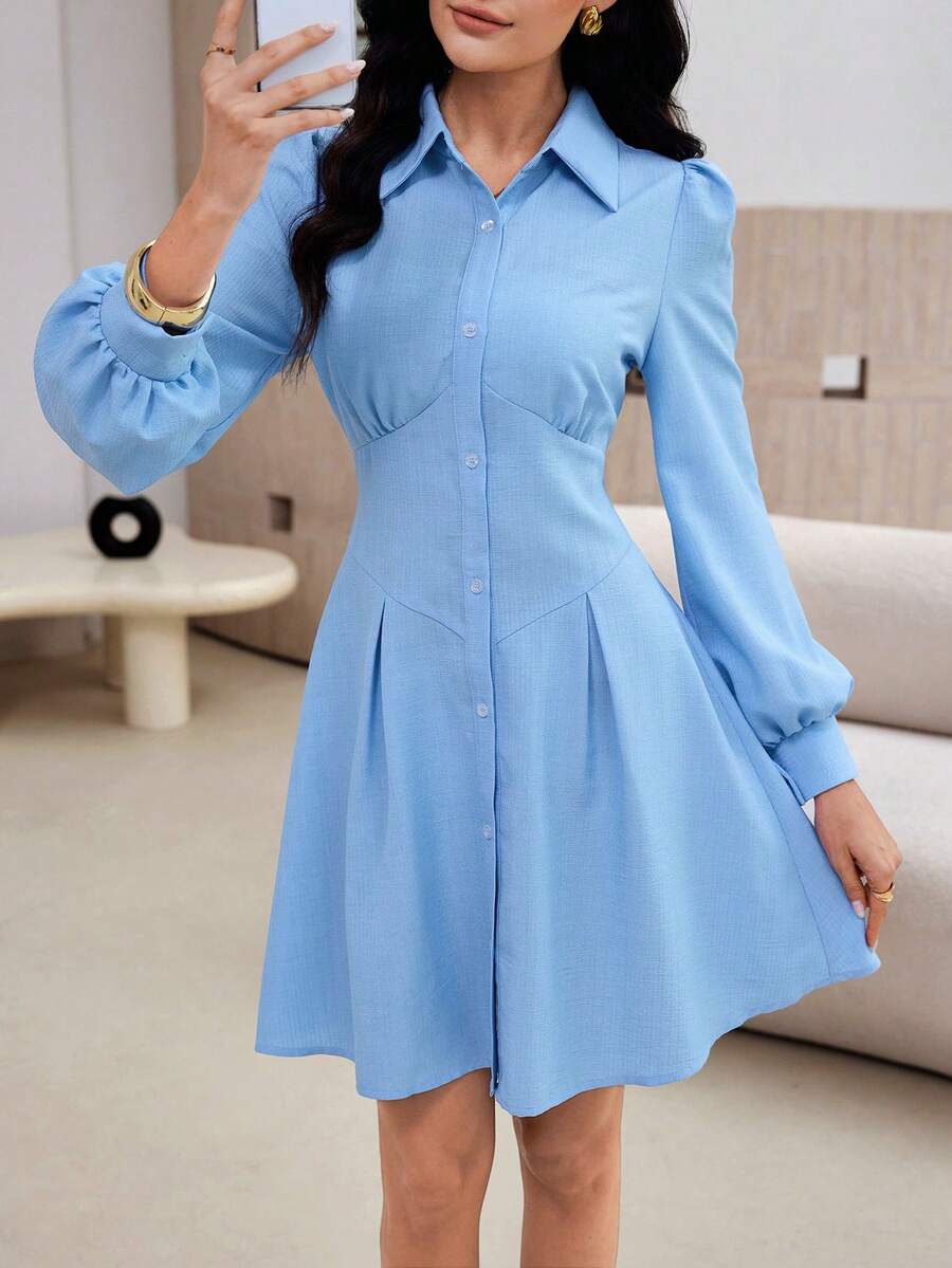 Modelyn 女士时尚通勤风蓝色花瓣袖短裙 - 藍色 - 查看 1