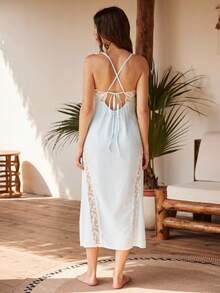 Lullawish Áo ngủ dài kiểu Bohemian quyến rũ, gợi cảm với họa tiết ren, xẻ tà, cổ chữ V sâu, hở lưng, buộc dây dành cho nữ. - Màu xanh nhạt - Xem 3
