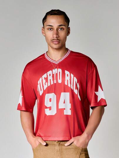 SUMWON Puerto Rico 94 Graphic Cropped Mesh Jersey V-Neck Short Sleeve Boxy Fit T-Shirt With Star Sleeve Print