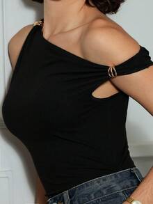Xuxu's by Gio Casual Metal Decor Ruched Bodysuit, Versatile Spring/Summer Black - Black - View 6